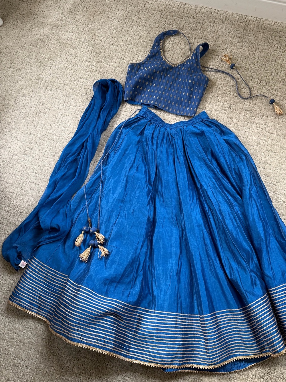 Girls 8-10 Indian Lehenga skirt halter top royal blue and gold